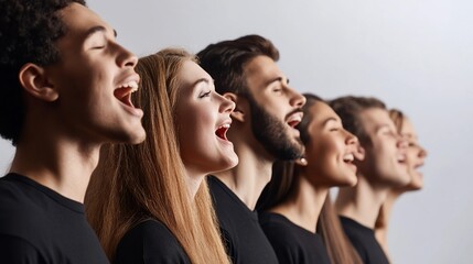 Obraz premium Six young adults in profile view singing with mouths open and eyes closed.