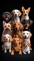 Group of dogs of various breeds standing together against a black background with playful expressions in a cheerful gathering