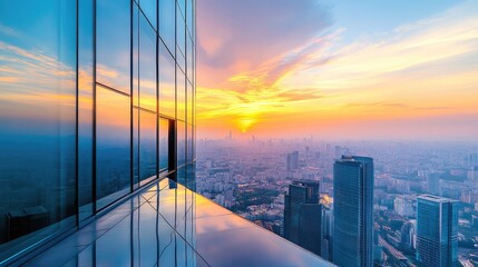 Obraz premium Cityscape Sunset Reflected In Modern Skyscraper Windows