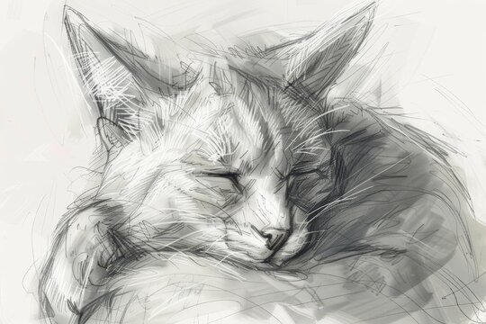 A grayscale sketch depicting a cats peaceful slumber, A series of sketches capturing the emotions of both the rescued animal and their rescuer in a touching moment
