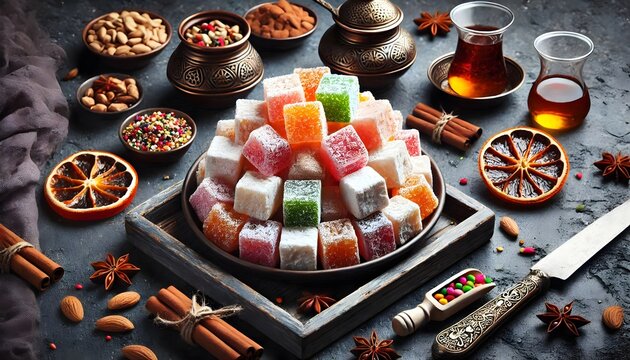 Turkish delight lokum sweet dessert with pistachio, horizontal dark background