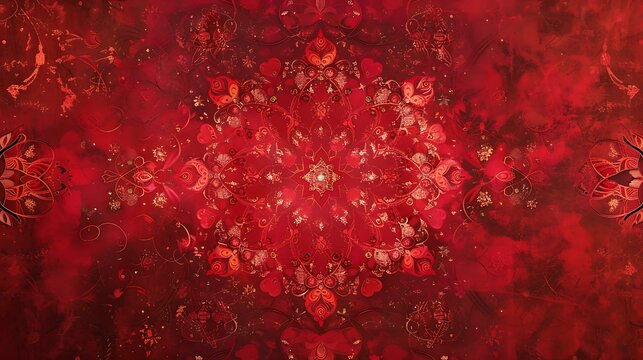 A decorative romantic design with a rich red background adorned with various sizes of hearts and stars, blending seamlessly into a soft gradient with a radiant center