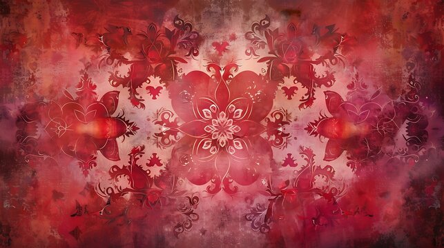 A decorative romantic design with a rich red background adorned with various sizes of hearts and stars, blending seamlessly into a soft gradient with a radiant center