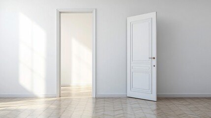 Open door in a bright, empty room with sunlight streaming through.
