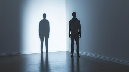 Fototapeta premium Man's shadow projected on wall in corner of empty room.