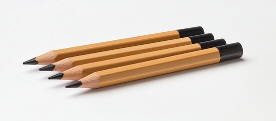 Obraz premium Three yellow pencils with black ends on white background.