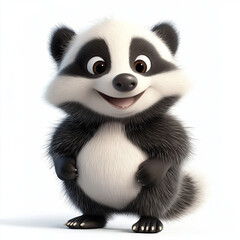 Obraz premium European badger clipart with a cute, three-dimensional look. Fluffy black and white fur, round glossy eyes, a friendly smile, and chubby little paws. Isolated on a clean white, lovable