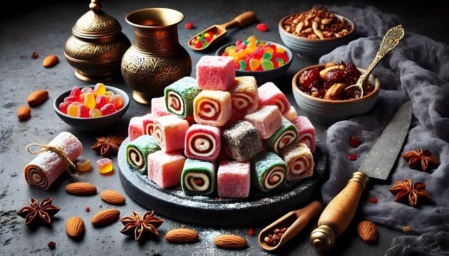 Turkish delight lokum sweet dessert with pistachio, horizontal dark background
