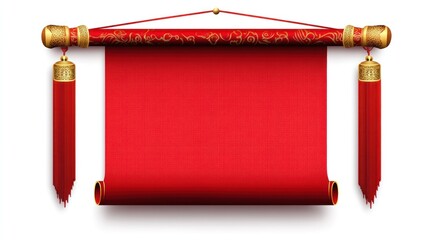 Red scroll hanging, Asian design, blank space, white background, template