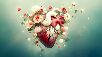 A heart surrounded by flowers on a green background