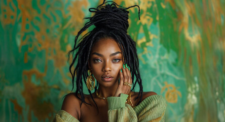 Portrait of an attractive black woman on a green neutral background, with green painted nails