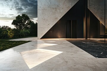 Modern home entrance with marble drive and dark, sleek tones.