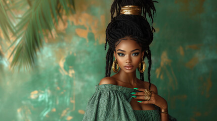 Fototapeta premium Portrait of an attractive black woman on a green neutral background, with green painted nails