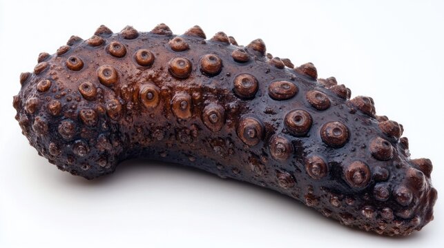 Close-up of a dark brown sea cucumber with numerous small bumps and papillae on its surface, isolated on a white background.