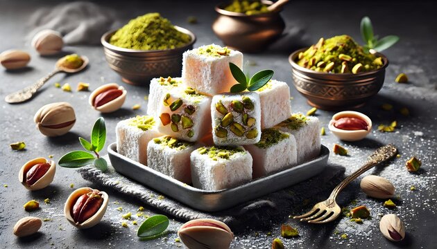 Turkish delight lokum sweet dessert with pistachio, horizontal dark background