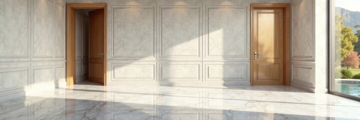 Fototapeta premium Spacious empty room, metallic paneling, marble flooring reflects light , house, modern