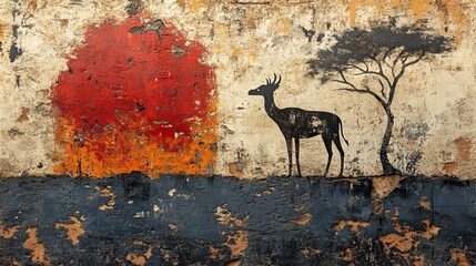 An African tribal painting with wildlife represents art, creativity, cavemen, decorative drawings, stone or mortar textures, indigenous picture illustrations, and culture on safari