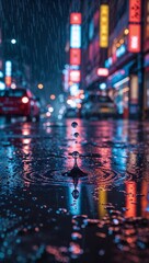 A rainy nighttime cityscape highlighted by colorful neon lights reflecting on the wet ground, featuring a close-up of a raindrop splash and ripples adding dynamic movement to the vibrant urban scene.