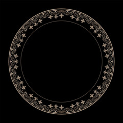 Round frame with golden floral ornament with arabesqueson black background. European ornament. Border, frame, circle, ring, Ancient Greece, Roman Empire. For textile, embroidery, porcelain