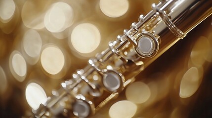 Fototapeta premium Close-up of a gleaming silver flute against a bokeh background.