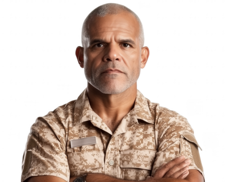 Serious Male Soldier in Camouflage Uniform with Arms Crossed