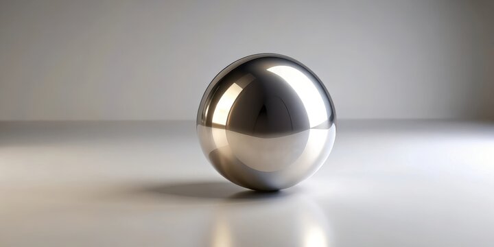 A single, highly polished metallic sphere rests on a minimalist, light gray surface