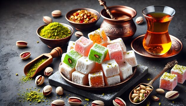 Turkish delight lokum sweet dessert with pistachio, horizontal dark background
