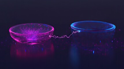 Abstract energy connection, glowing bowls, dark background, data transfer concept