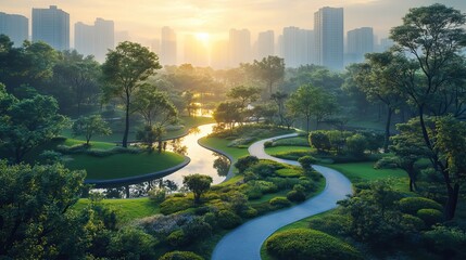 An AI-generated image shows a futuristic park in a city, promoting carbon footprint reduction, eco-friendliness, and sustainability with green spaces