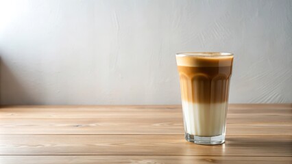 A refreshing iced coffee beverage in a tall glass sits on a light wood surface