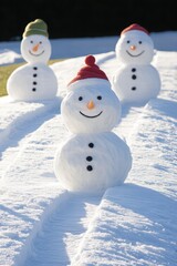 Obraz premium Cheerful Snowmen in White Snow with Colorful Winter Hats