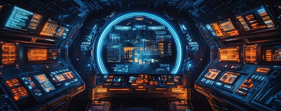 Futuristic Spaceship Cockpit: Exploring Advanced Technology Interfaces with Glowing Screens and Controls in a Sci-Fi Setting