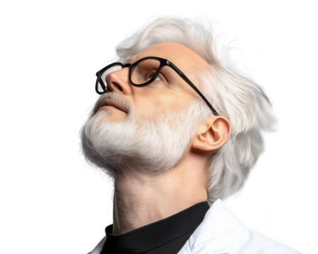 Senior Scientist with Gray Hair in Lab Coat Looking Upward
