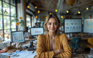 Enterprising young woman in a work office
