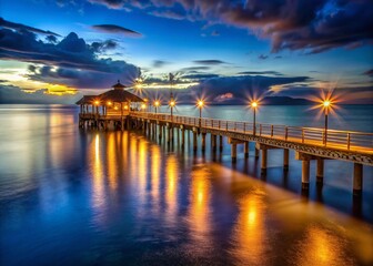 Fototapeta premium Aerial Night View of Los Muertos Pier, Puerto Vallarta, Mexico - Illuminated Docks & Ocean