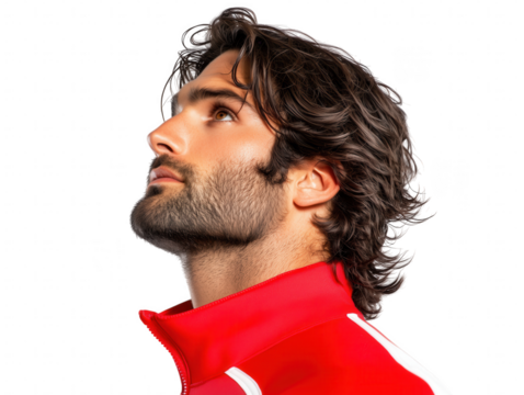 Male Athlete in Red Jacket Looking Upward with Focused Expression