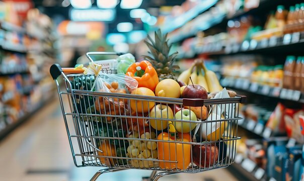 Shopping cart full of food in supermarket. Shallow depth of field