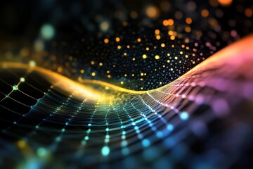 Colorful abstract wave pattern with glowing dots and lines in a digital space