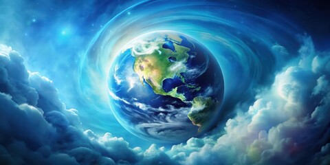 Fototapeta premium Celestial Orb A Planet Suspended in a Whirlwind of Clouds and Cosmic Dust