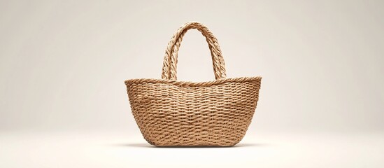 Fototapeta premium Beige woven tote bag with curved sides and rope handles.