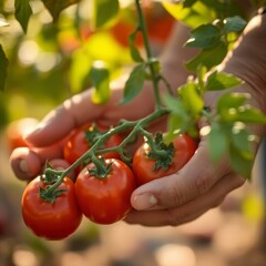 Hands Harvesting Ripe Tomatoes from the Vine in Sunlit Garden