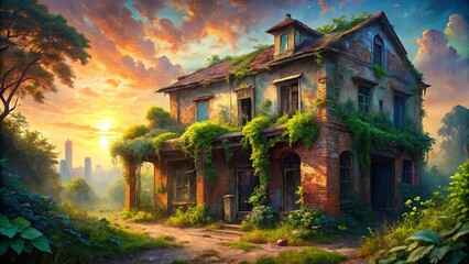 Fototapeta premium Abandoned Zamindar House at Dawn: Digital Painting of a Ruined Mansion