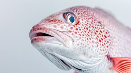 Close-up of a red-spotted fish head, light background.