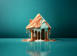 A house model, rendered in melting caramel, sits in a pool of its own liquefied form against a teal backdrop.  This symbolizes the impact of climate change and rising sea levels.