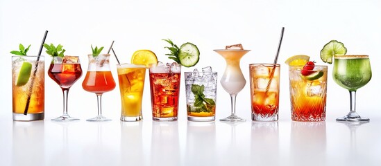 Assortment of colorful cocktails in various glasses garnished with fruits and mint on white background.
