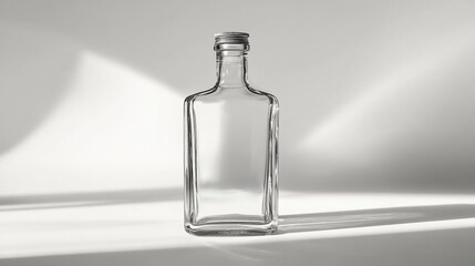 Empty clear glass bottle with silver cap on white background.