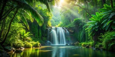 Serene Waterfall Cascading Through Lush Tropical Rainforest Paradise
