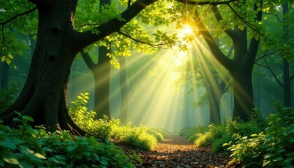 Obraz premium Golden sunlight streams through emerald canopy, illuminating dappled forest floor, sun, natural