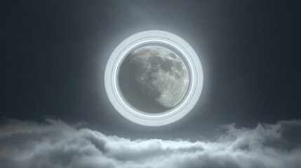 Glowing ring encircles a full moon above clouds at night.