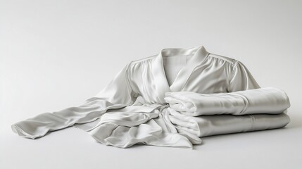Elegant white silk robe and pajama set folded on white background.